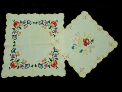 2 tablecloths embroidered with a Kalocsa pattern on a yellow background, 41 x 38 and 32 x 31 cm
