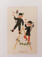 Régi újévi képeslap rajzos 1967 levelezőlap kéményseprő pár lóhere pezsgő