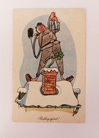 Régi újévi képeslap rajzos 1962 levelezőlap kéményseprő lóhere patkó háztető