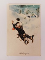 Régi karácsonyi képeslap 1962 rajzos levelezőlap szánkózó kéményseprő