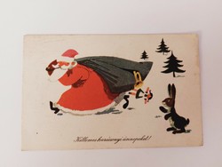 Régi karácsonyi képeslap 1960 rajzos levelezőlap rohanó Télapó Mikulás nyuszi játékok