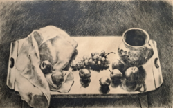 Kiss Terézia: Csendélet szőlővel, almákkal és kancsóval - Tálcás asztalka (Teljes méret 34x47 cm)