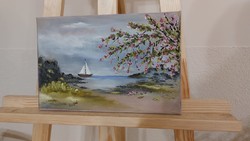 (K) Tájkép festmény, vízpart kis hajóval 20x30 cm