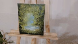 (K) landscape painting, waterfront, forest 25x30 cm