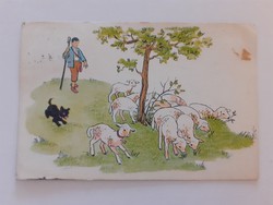 Régi húsvéti képeslap 1954 bárány kutya juhász grafikai levelezőlap