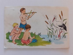 Régi képeslap 1950 körül gólya gyerekek vízpart rajzos levelezőlap
