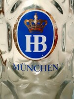 Hatalmas 1 literes osztrák gyártású HB Hofbrau München füles sörös üveg korsó krigli