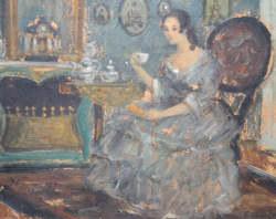 Tea party lady - with csabay mark (full size 38x33 cm)