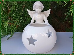 Porcelán gömb mécsestartó, áttört csillag mintával angyalka rátét díszítéssel