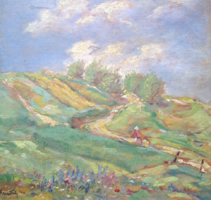István Kastaly (1892-1991): spring landscape with wanderers - oil, wood (with frame 41.5x40 cm) excursion
