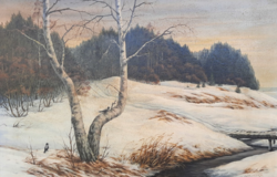 Birch trees above the creek - snowy, winter landscape - marked 