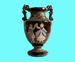 Korondi ceramic amphora vase with dancing couple, scratched pattern, with glaze cracks