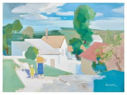 Medveczky Jenő; Utcarészlet Anyával és Gyermekével 1962 (Tájkép) 60 x 80 cm, olaj vászon