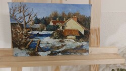 (K) butcher Magdolna's November winter street scene c painting (28x21 cm)