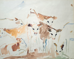 Koszta Rozália: Kisborjak (akvarell) a gyulai festőnő bájos festménye! (tehenek, bocik, állatkép)