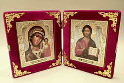 Retró vintage ortodox vallási egyházi asztali nyitható oltár ikon szentkép fa doboz kereszt feszület