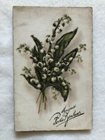Antique, old glittery postcard with lily of the valley -2.
