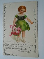 D192347 old postcard little girl with a bouquet of roses 1938