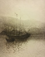 Jenő Krón (1882 - 1974). Sailing, etching, signed
