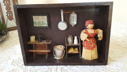 Diorama box, kitchen scene, German folk art from the 60s.