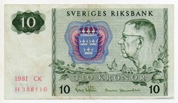 Svédország 10 svéd Korona, 1981