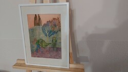 (K) Kudász Emese akvarellje 32x41 cm kerettel Madár a hálóban