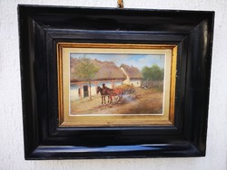 Németh György , vagy Béla jelzéssel festmény lovas szekeres falusi kép