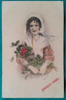 Antik MM Vienne  grafikus karácsonyi üdvözlő képeslap Hölgy magyal ággal a kezében