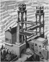 M. C. Escher grafika: Vízesés REPRINT nyomat, 3d térjáték illúzió geometria torony építészet tetők