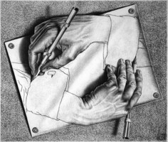 M. C. Escher grafika: Rajzoló kezek REPRINT nyomat, 3d illúzió játék fekete fehér kép