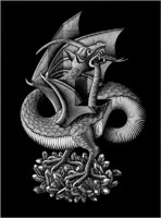 M. C. Escher grafika: Sárkány REPRINT nyomat, mitológiai lény szárnyas szörny fekete fehér kép