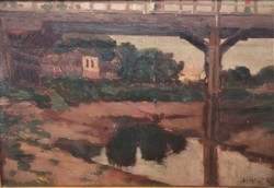 Szlányi Lajos (1869 - 1949) Régi Tisza Híd c. festménye Eredeti Garanciával!