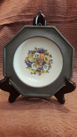 Floral porcelain plate in tin frame, wall plate (m3228)