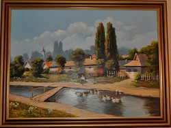 Village life with stream - oil painting by Albert Csizmadia (1936-2018)