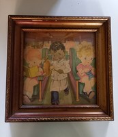 Antique painting illustration by Ruth E. Newton, babies on the train
