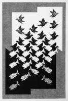 M. C. Escher graphics: sky and water ii. Reprint print, geometric game bird fish transformation