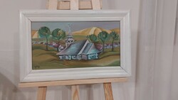 (K) Varázslatos kis falu Vesa Stela festménye 53x33 cm kerettel