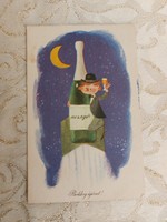 Régi újévi képeslap rajzos levelezőlap pezsgő űrhajó