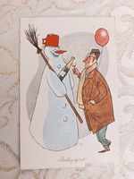 Régi újévi képeslap rajzos levelezőlap hóember pezsgő