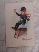 Régi újévi képeslap 1938 levelezőlap kéményseprő lóhere pezsgő