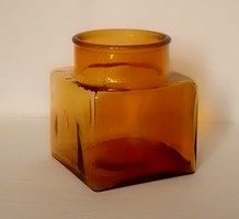 Nagy súlyos vastag falú szögletes borostyán méz színű öntött díszüveg tároló váza karakteres 16 cm