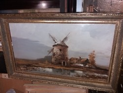 Painting of an abandoned windmill by Imre Puskás, 50x90cm