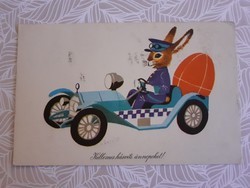 Régi húsvéti képeslap rajzos levelezőlap autó nyuszi nyúl