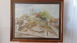 (K) (Tihany?) Nagyobb méretű akvarell festmény 70x57 cm kerettel
