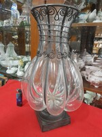 Italian murano 50s-60s art deco blown glass vase with forged metal fittings, art object. 38 Cm.
