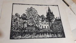 Mátyás Réti vajdahunyad castle linocut landscape proof print ! 1965