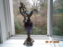 Loetz eosin purple glass body with Art Nouveau spectacular decorative decanter with bronze fittings, nymph 56 cm