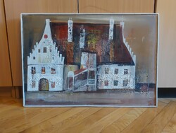 Várkonyi János: " Gótikus városháza", zománc festmény, 46x69 cm