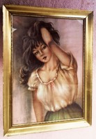 Hajában turkáló hajadon, Végh Gyula múlt századi realista stílusú festménye, üvegezett keretben