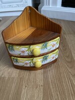 Fairy wood corner spice holder with ceramic drawers.